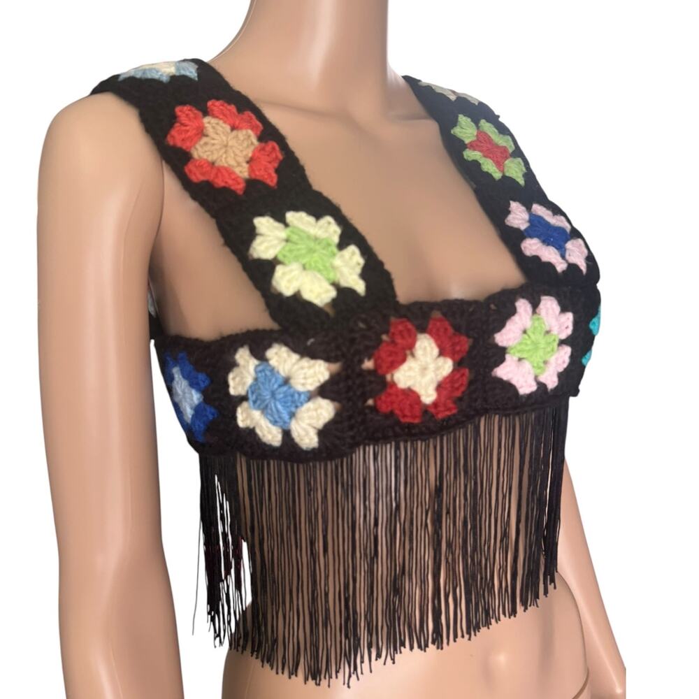 Upcycled Crochet Granny Square Floral Festival Set Fringe Ibiza Boho S/M Multi - Picture 3 of 10